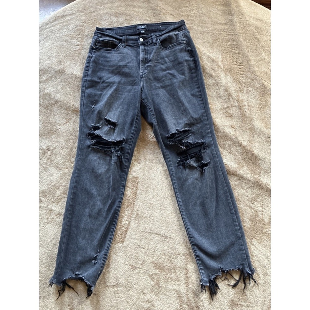 Judy Blue Women's Jeans 11/30 Black Boyfriend Fit Heavy Distressed Stretchy Cozy